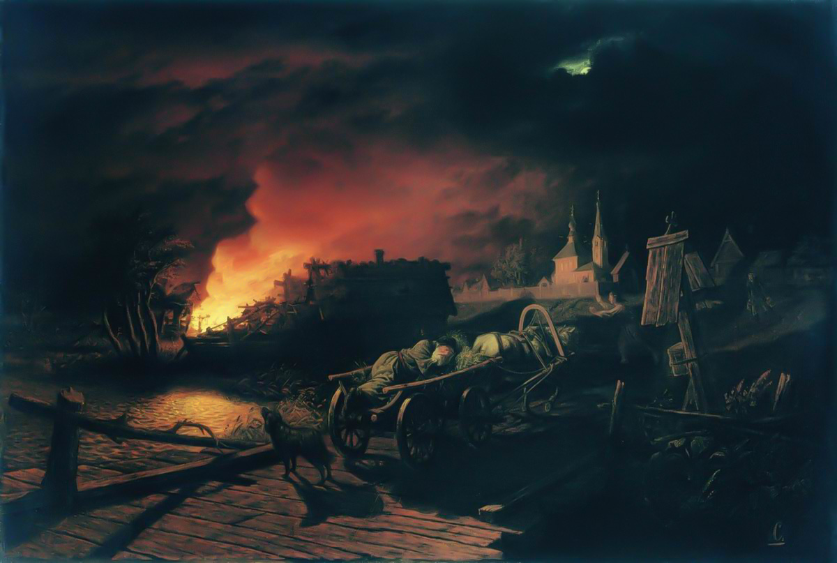 "Fire in the Village" by Leonid Solomatkin. Oil on canvas. 1867.