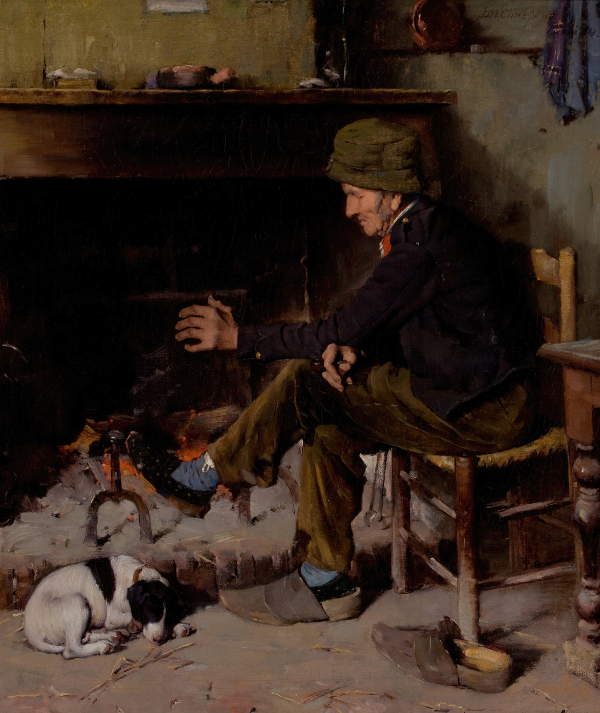 Man with his Dog before a Hearth by Benjamin West Clinedinst. Oil on canvas. 1884.