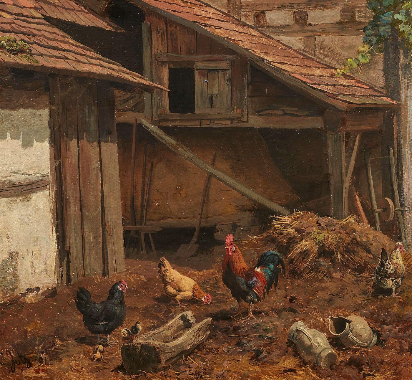 "Poultry Yard" by Carl Jutz the Elder. Oil on panel. 1891.